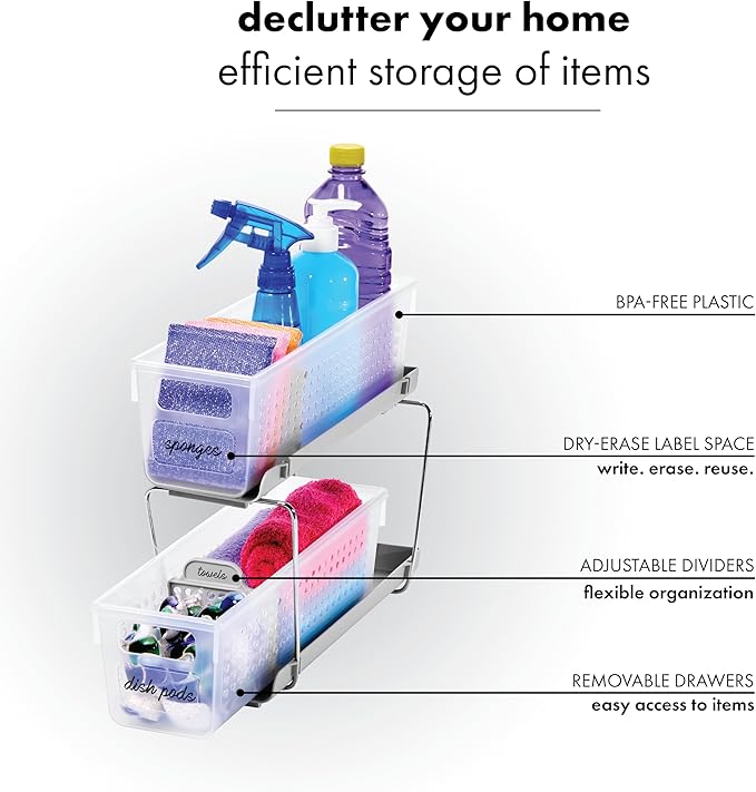 madesmart 2 Tier Bath Organizer, Under Cabinet Storage with Sliding Drawers, for Cleaning Supplies, Pantry, Sponges, Bottles & Kitchen Essentials, Adjustable Dividers & Pull Out Sliding Baskets, Blue