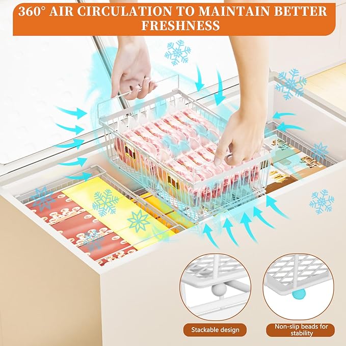 Large Freezer Organizer Bins，Upgraded Bottom Leak-Proof net，2 Pack， Expandable Stackable Chest Freezer Containers with Handle，for Fridge, Deep Freezer, Cabinet, Kitchen, Pantry (White-2Pack)