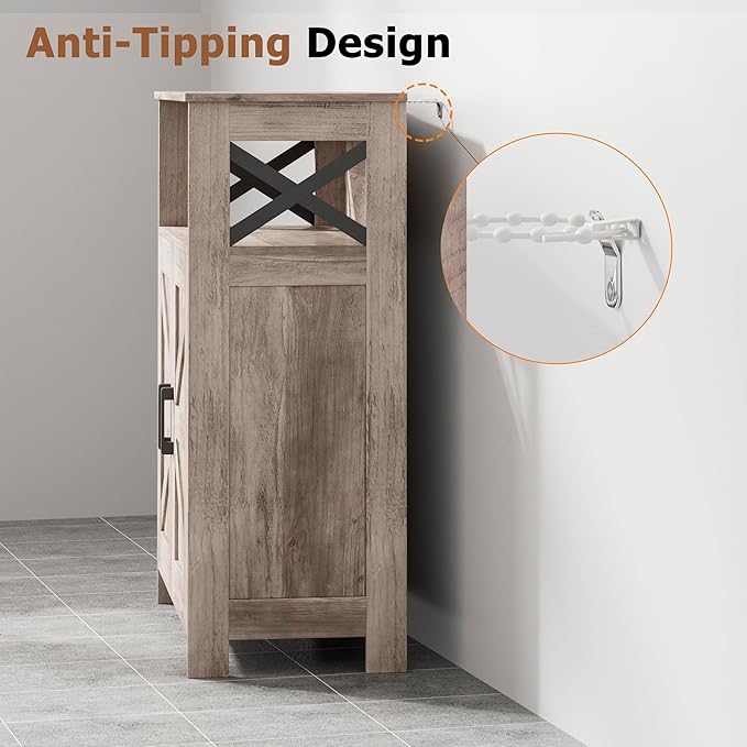 Homhedy Farmhouse Bathroom Storage Cabinet with 2 Doors, Toilet Paper Cabinet with Adjustable Shelf, Small Bathroom Cabinet for Kitchen/Laundry/Living Room, 11.8 x 23.6 x 31.5 Inches, Greige