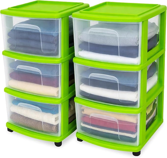 2-Pack Drawer Tower, 3-Tier Clear Plastic Storage Organizer Cart