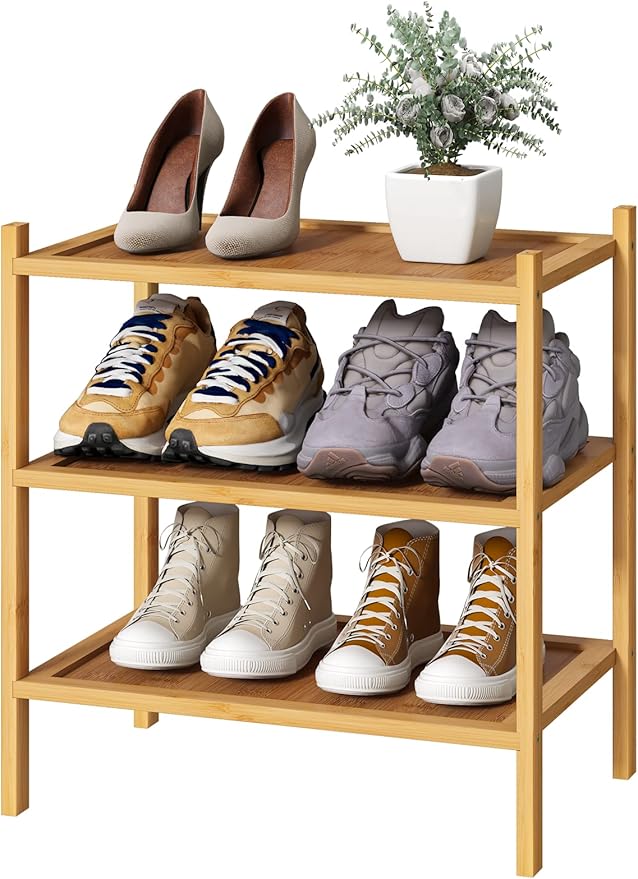 kiplant Small Shoe Rack, Bamboo Wood Shoe Rack for Entryway, Stackable | Foldable | Natural, 3-Tier Shoe Organizer for Hallway Closet, Free Standing Shoe Racks for Indoor & Outdoor