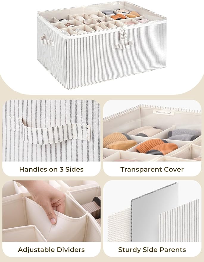 StorageWorks Shoe Organizer for Closet, Fits up to 24 Pairs, Shoe Cubby Storage Containers with Adjustable Dividers and Clear Cover, Khaki and Beige Stripes