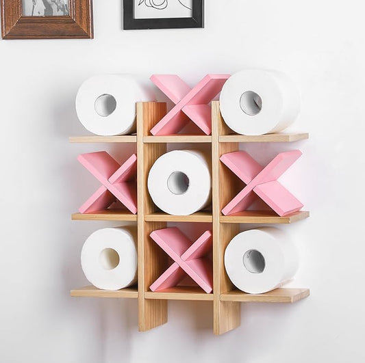 Weysat Tic Tac Toe Toilet Paper Holder Stand Bathroom Wall Decor Rustic Wooden Hanging Storage Freestanding Wall Mounted Shelves Decor for Toilet Tissue Farmhouse(Wood Color, Pink)