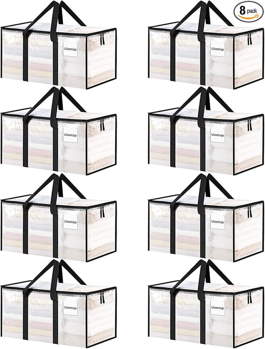 8 Pack Extra Large Heavy Duty Moving Bags, Clear Storage Bins with Lids