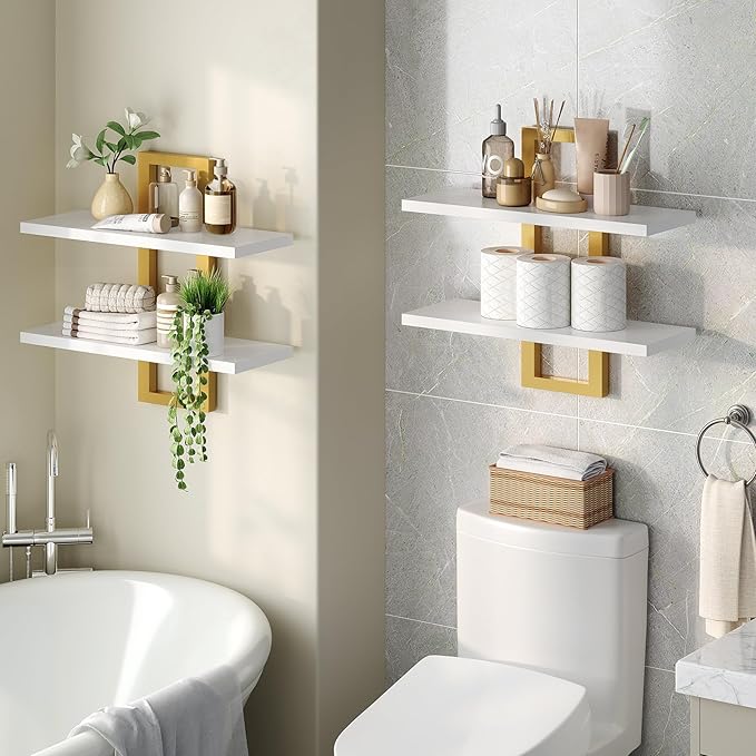 Floating Shelves, 15 Inch Wall Shelf Set of 2, White and Gold DW32BJ01