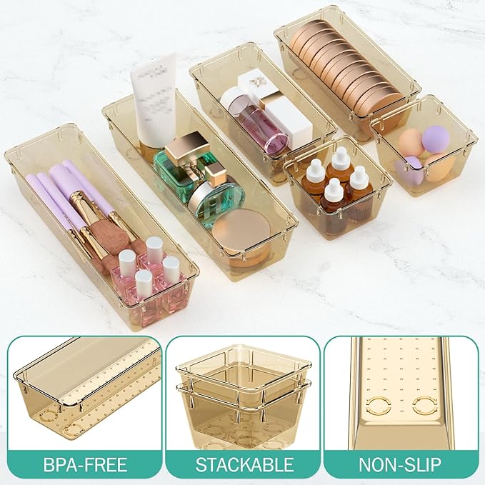 6 Pack Clear Drawer Organizer Set, Acrylic Drawer Storage Trays, Champagne