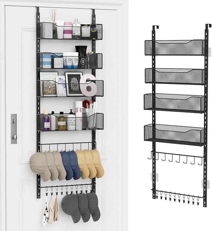 Over the Door Organizer, 2 in 1 Metal Hanging Closet Organizer & Hat Rack with 4 Adjustable Baskets, 8 Hooks, 10 Clips, Behind The Door Storage for Bedroom, Bathroom, Entrance, Closet, Kitchen, Black