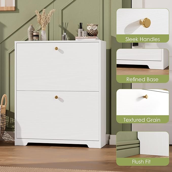 Nicetree Shoe Cabinet with 2 Flip Drawers, Narrow Shoe Organizer Cabinet, Freestanding Shoe Rack Cabinet, Morden Shoe Storage Cabinet for Entryway, Hallway, Foryer, White