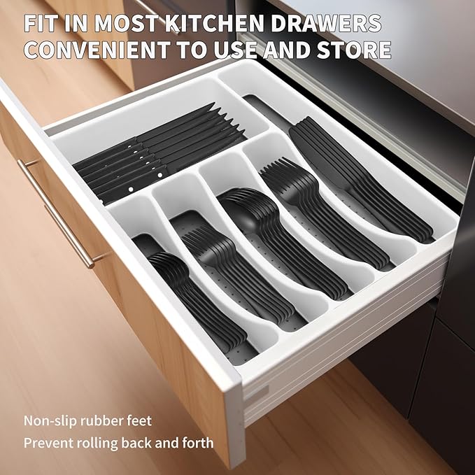 53PCS Black Silverware Set for 8 with Flatware Drawer Organizer, Stainless Steel Cutlery Set with Steak Knives, Include Spoons and Forks Set & Serving Utensils, Mirror Polished, Dishwasher Safe