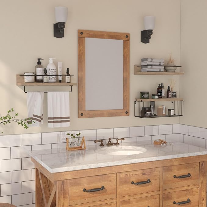 PopiShelves Bathroom Shelves Over Toilet for Wall, Floating Shelves with Storage Basket Paper Holer for Kitchen Living Room, Bedroom & Classroom, Set of 3 (Nature Wood)