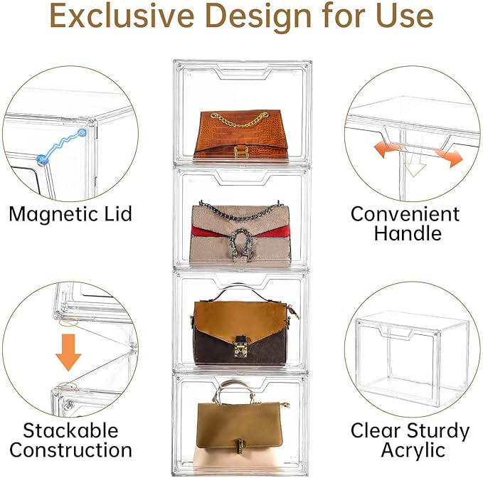 Freebat Stackable Storage Organizers, Clear Acrylic Display Case, 9-Pack Acrylic Boxes with Lids, Clear Storage Containers Storage for Handbags, Collectibles & Figures