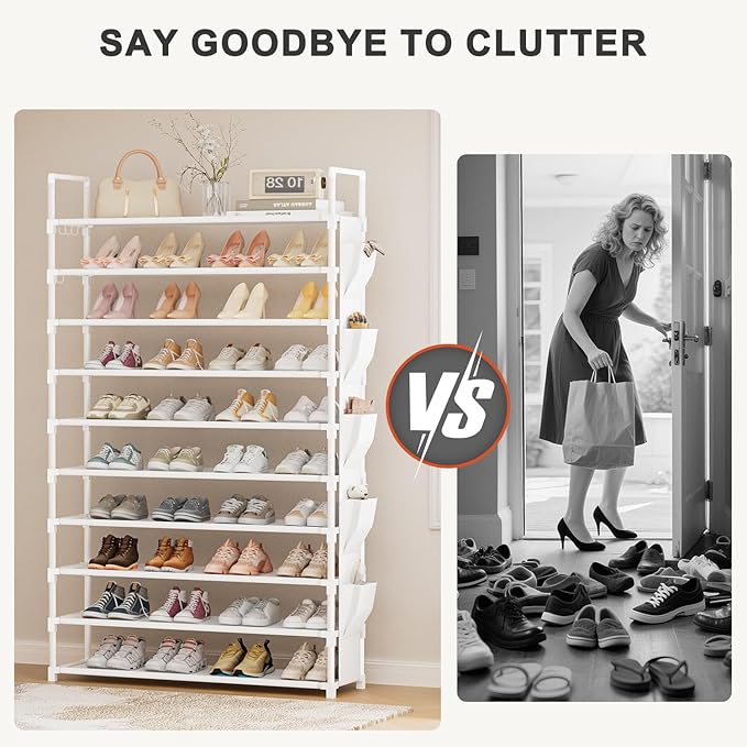 LUKYTOWER Tall Shoe Rack 10 Tier Shoe Racks Organizer for Closet 40-45Pairs,Large Capacity Storage Rack for Shoes with 5Hooks,Sturdy Shoe Shelf, Vertical Shoe Stand Tower