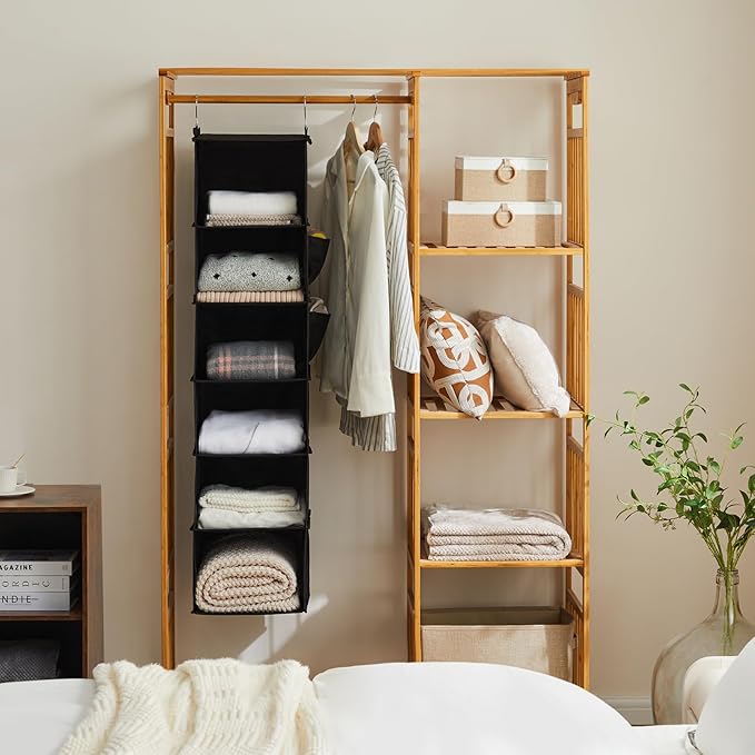 Hanging Closet Organizers and Storage, 6-Shelf Hanging Closet Shelves, Black