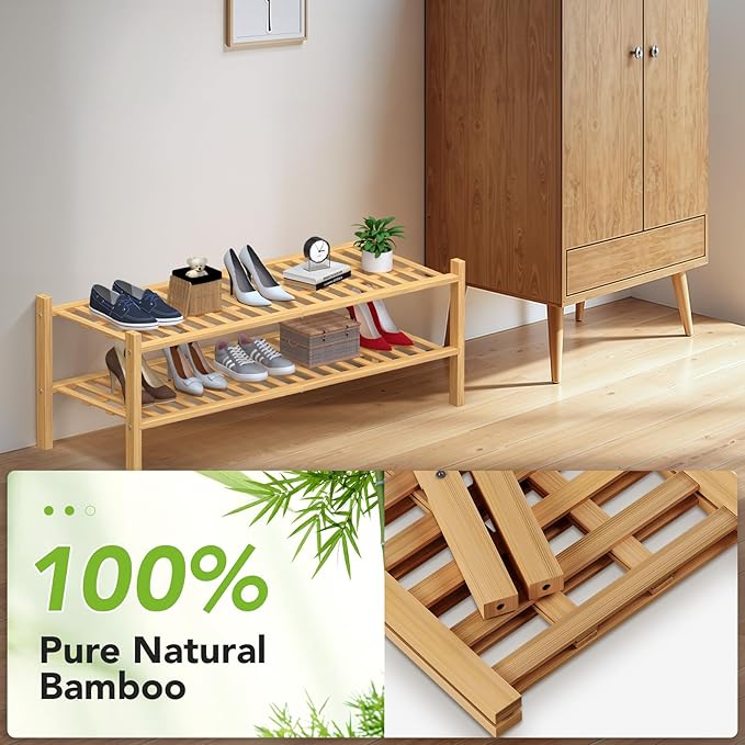 Haddockway Long 2 Tier Bamboo Shoe Rack Storage Organizer, Multifunctional Free Standing Stackable Shoe Shelf with Grid Panel for Closet,Hallway,Entryway,Small Space 34.2"x11"x13"