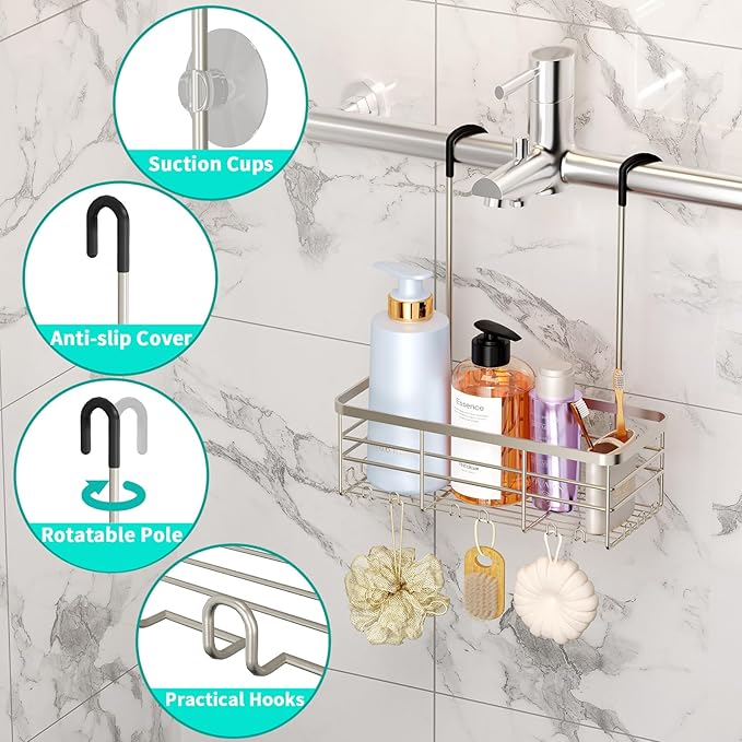 HapiRm Hanging Shower Caddy Organizer - No Drilling Shower Organizer with Hooks, Rustproof & Waterproof 304 Stainless Steel Bathroom Shelves - Brushed Nickel (1 Basket)