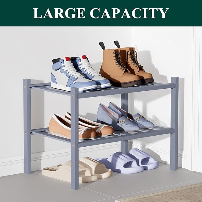 Smiry Bamboo Shoe Rack for Closet, 2 Tier Small Wooden Shoe Organizer, Stackable Wood Shoe Storage Shelf for Entryway, 14 Vertical Slats, One-piece Heavy-Duty Legs, 17.32"x11.02"x12.99", Grey