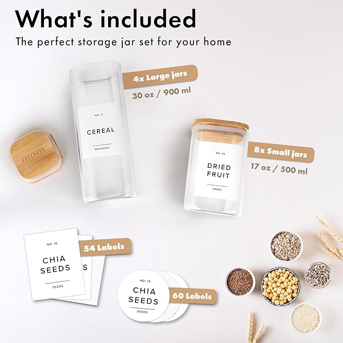 EDELHAUS Square Glass Storage Containers with Bamboo Lids 12-Pack (4x 30 oz, 8x 17 oz) Airtight Glass Storage Jars with Lids for Food, Stackable Glass Kitchen Canisters with 114 Labels for Pantry