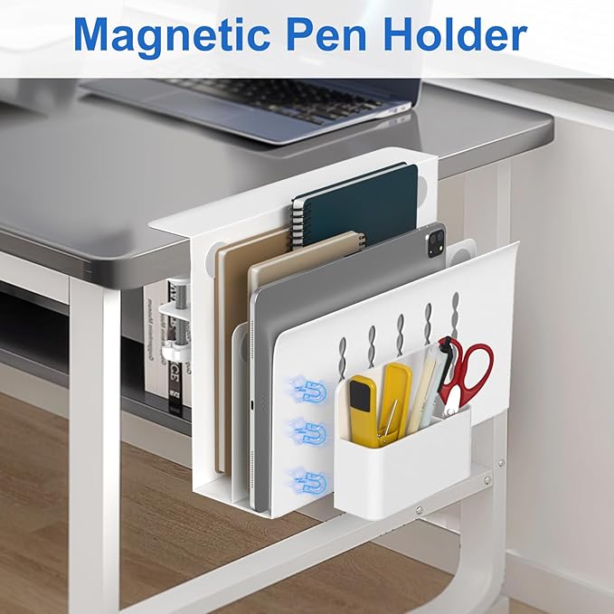 HAMOPY Desk Side Storage, 2 Tier Steel Hanging Desk Organizer with Magnetic Pen Holder, No Drilling Standing Desk Drawer Cable Management Tray, Under Table Laptop Holder for Office, School&Home(White)