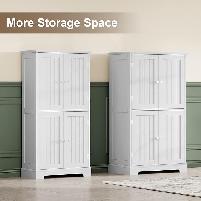 ChooChoo Bathroom Floor Cabinet, Modern Bathroom Storage Cabinet with 4 Doors and Adjustable Shelves, Freestanding Cupboard for Living Room, Kitchen Pantry, White