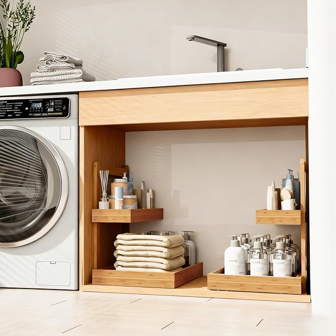 Bamboo Undersink Organizer Storage - 2-Tier Cabinet Shelf with Adjustable Levels, Under Sink Storage Slide Out for Cabinet Pantry Kitchen Bathroom (Natural)