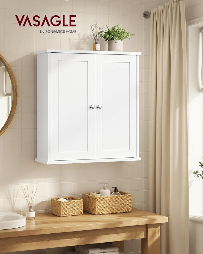 VASAGLE Siren Collection - Bathroom Wall Cabinet, Hanging Bathroom Storage Cabinet, for Medicines, Farmhouse, 2 Adjustable Shelves, 7.9 x 22 x 23.6 Inches, Cloud White UBBK330WB01S