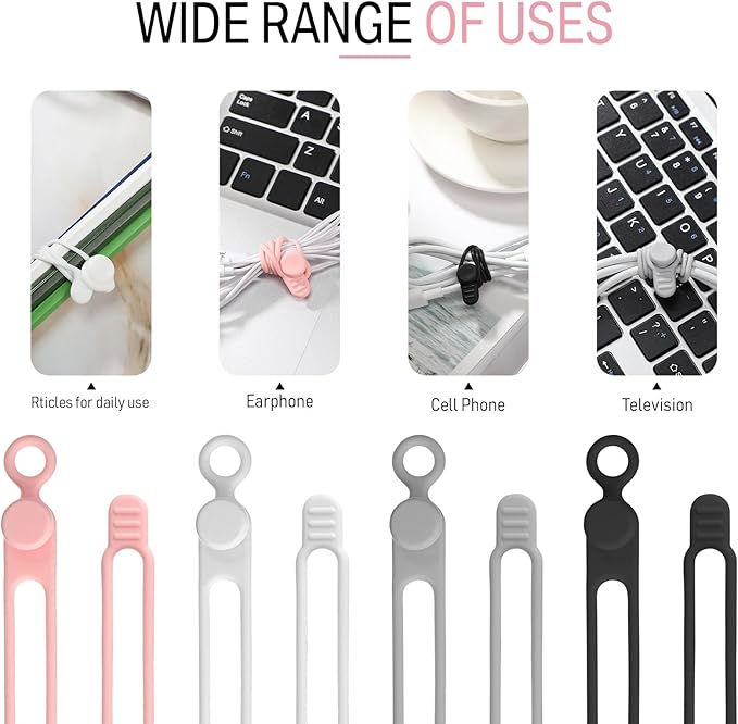 40 Pcs Silicone Cable Ties Reusable Holder Adjustable Straps Multipurpose, Pink)