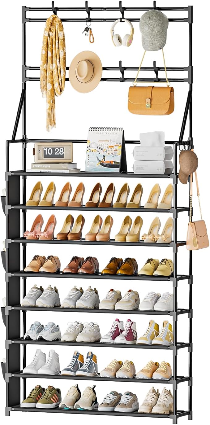 OYREL Shoe Rack 8 Tier Large Shoe Organizer Storage 32-40 Pairs Metal Shoe Storage Rack with Hooks and Side Pocket for Entrance Entryway Closet Shoe Shelf Holder