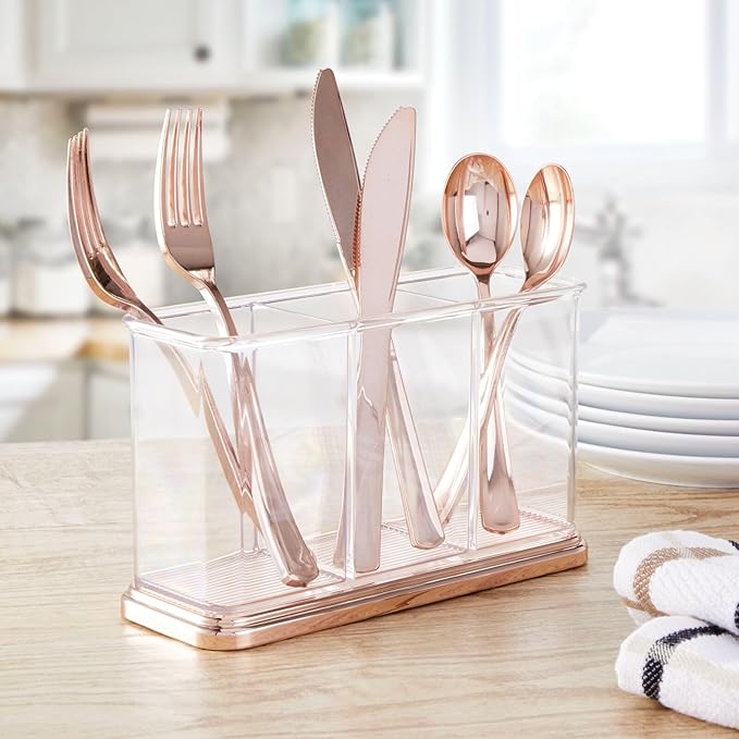 mDesign Plastic Organizer Cup Holder, Divided Storage Organizer for Desks, Office, Tables, Workspaces - Stores Pen, Pencils, Markers, Scissors - 3 Sections - Clear/Rose Gold