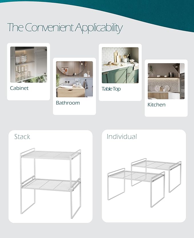Shantton 2Pack Kitchen Cabinet Shelf Counter Organizer Rack Pantry Storage Bathroom Bedroom Office Table Desk Space Saving Stackable Rust Resistant Non Slip White Tall Wide L16.1in W10.6in H9.5in