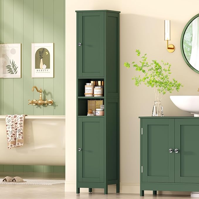 67" Tall Bathroom Cabinet with Adjustable Shelves and Doors, Green