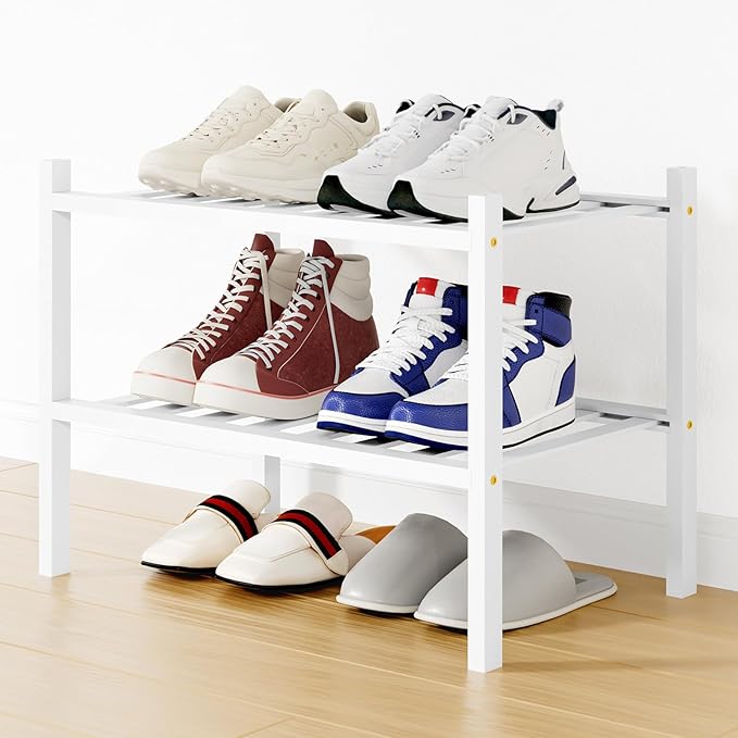 Smiry Small Bamboo Shoe Rack, 2 Tier Free Standing Wooden Shoe Organizer, Stackable Wood Shoe Storage Shelf for Closet, Entryway, 12 Vertical Slats, One-piece Standard Legs, 17.3"x11"x13", White
