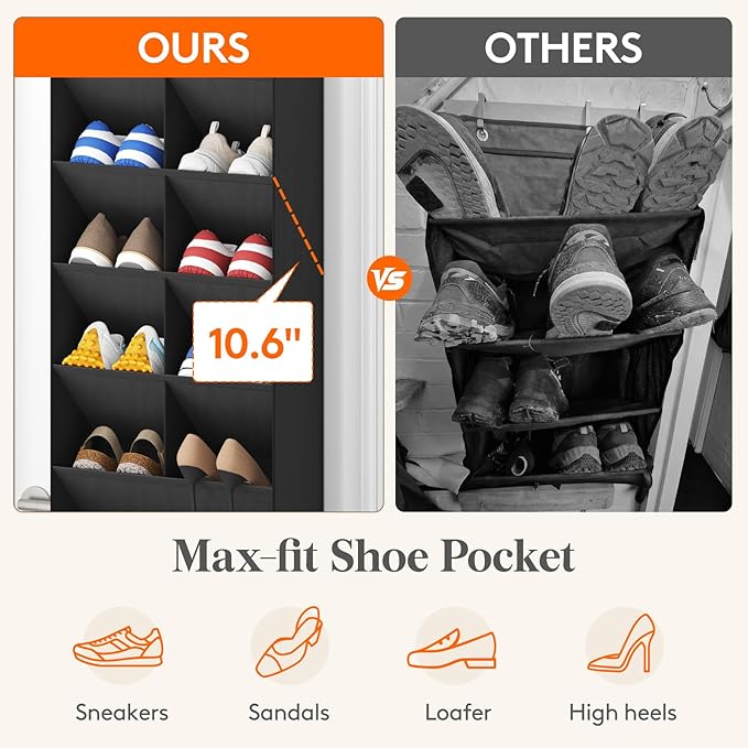 8 Tier Over the Door Shoe Organizer with 15 Large Deep Pockets, Black