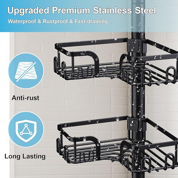 Corner Shower Caddy Tension Pole 4 Tier Adjustable Stainless Steel Shower Shelf for Inside Shower Bathtub Shampoo,Standing Bathroom Organizer Shelves with 39 to 113 inch Height