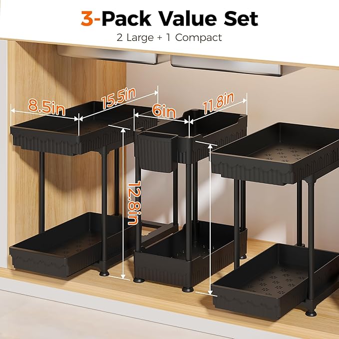 Sevenblue 3 Pack Under Sink Organizer, 2 Tier Slide Out Bathroom Cabinet Organizer, Multi-Purpose Storage Shelf for Kitchen, Black, 12.8Inch