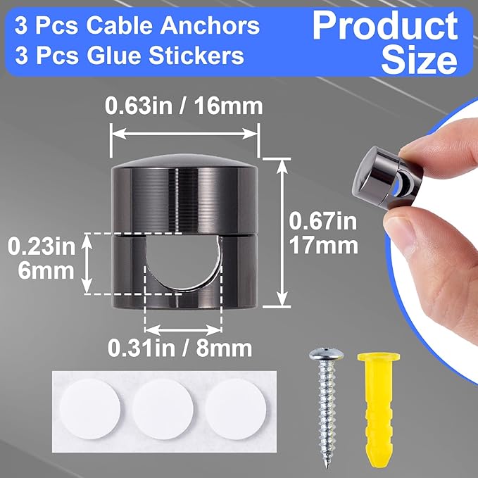 SmallCat 3 Sets Charger Holders for Cords, Black Adjustable Cable Anchor Holders, Adhesive Metal Cord Clips, Cable Management Wire Organizers for Desk, Office, Nightstand