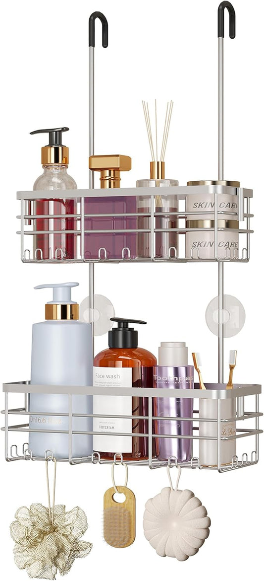 Hanging Shower Caddy Organizer, No Drilling Shower Organizer with Hooks, Silver