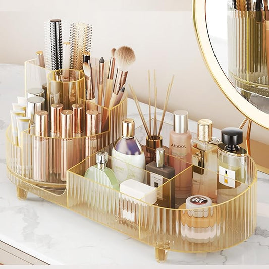 Rotating Makeup Organizer for Vanity with Brush Holder, Transparent Gold