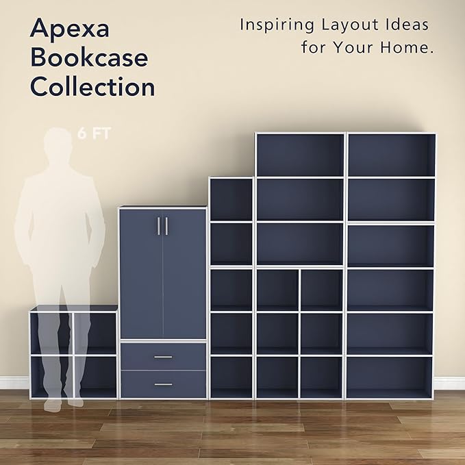 Homes: Inside + Out Apexa 6-Cube Storage Organizer Shelves, Stackable Wood Bookcase Fits Cubby Bins for Organization, Dorm Teen Room Decor & Home Office, Steel Blue