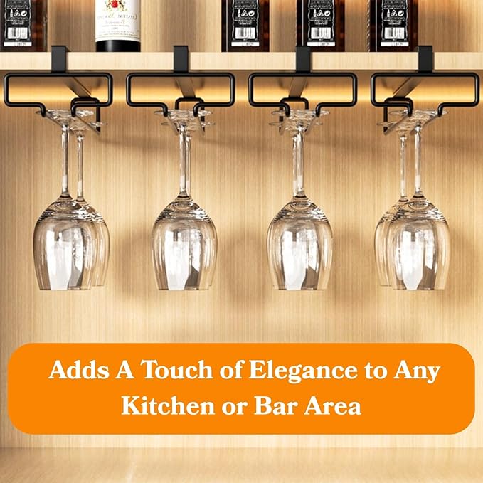 LINFIDITE Wine Glass Holder 2PCS Stemware Rack Hanger Under Cabinet Wine Glass Rack Kitchen Hanging Storage Rack Organizer,Black (For Partition Thickness under 1.18")