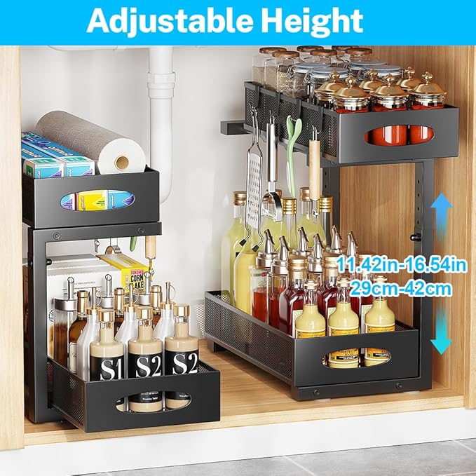 1 Pack Under Sink Pull Out Organizer, 2-Tier Adjustable Height Carbon Steel Storage Rack for Kitchen and Bathroom Cabinet, Black