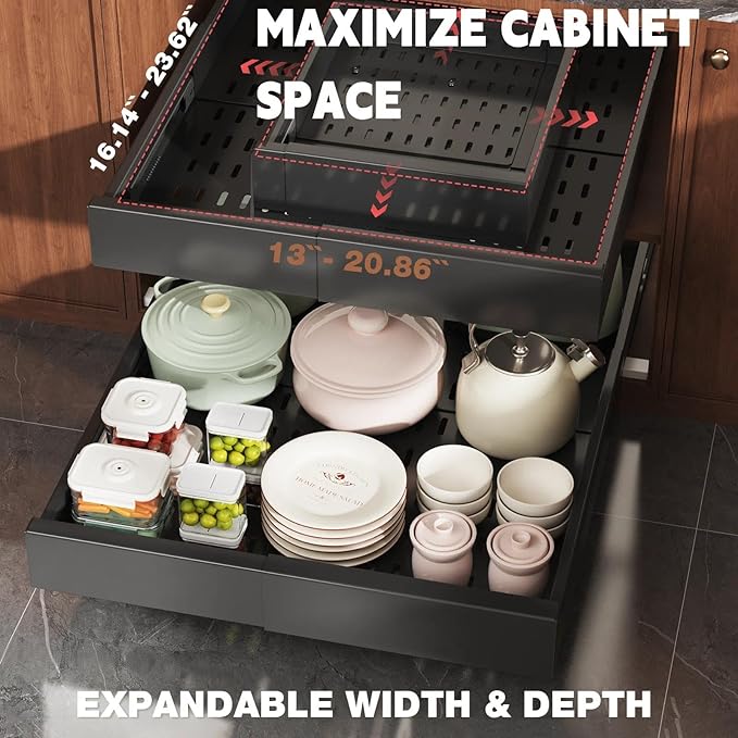 Seinloes Pull Out Cabinet Organizer,4-Side Expandable to Maximize Cabinet Space,Slide Out Drawers with 3 Rail Design,Roll Out Shelf with Raising Pad for Framed Cabinet,13"-21"W x 17"-24"D,Black,4 Pack