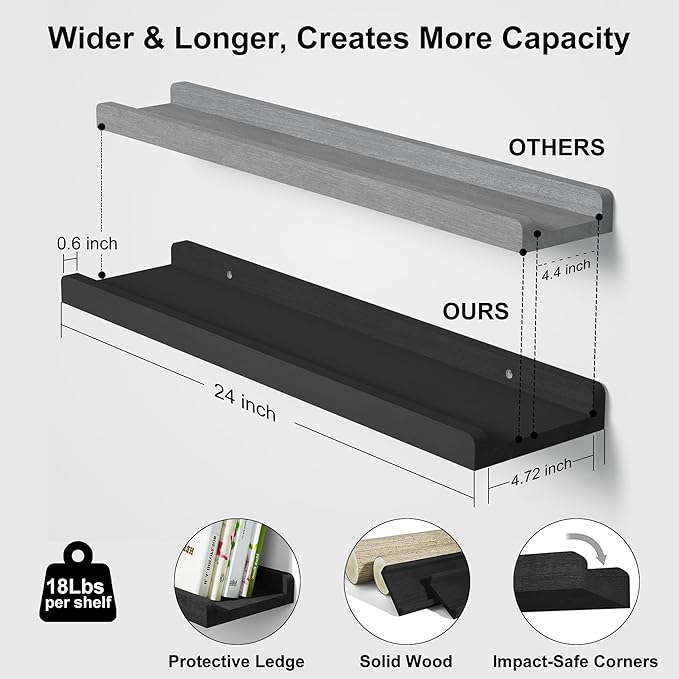 Love-KANKEI Floating Shelves Wall Mounted Set of 2, 24 Inch Wood Storage Wall Shelves for Bedroom Living Room Bathroom Kitchen Office and More Black
