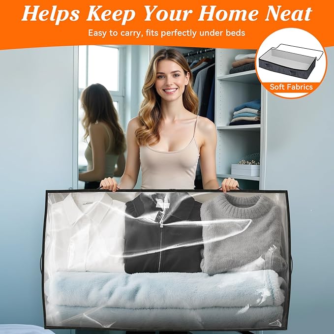 SpaceWhisper 90L Under Bed Storage Containers, 2-Pack Storage Bins with Clear Top, Foldable Closet Organizers and Storage with Label Holder for Clothing, Blankets, Comforter & Pillows (Grey)
