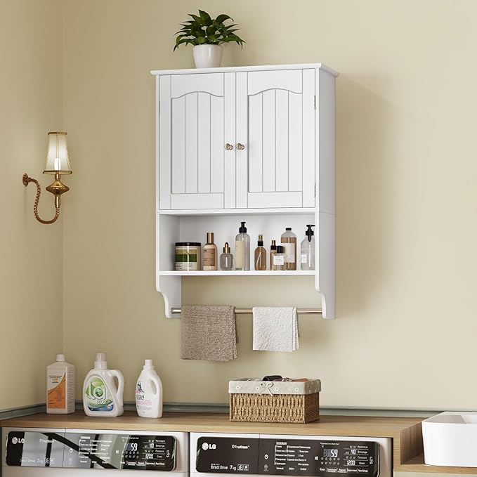 TEENFON Medicine Cabinet with Adjustable Shelves and Towel Rack, Wall Mounted Bathroom Cabinet Over the Toilet Storage for Bathroom, Living Room, White
