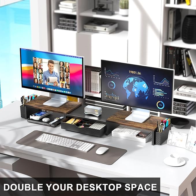Dual Monitor Stand Riser, Desk Organizer With Drawer and 2 Pen Holders, Wood