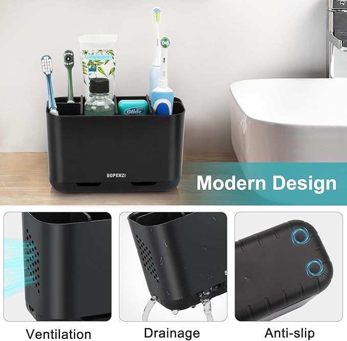 Boperzi Toothbrush Holders for Bathrooms Organizers and Storage, Large Tooth Brush Holders with Drainage, Anti-Slip Electric Toothbrush and Toothpaste Holders Caddy for Shower Kids Family, Black