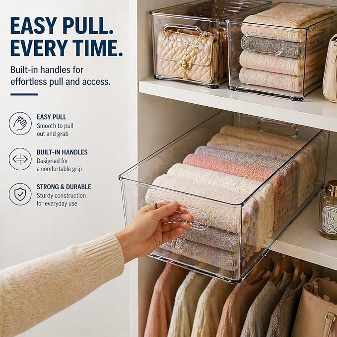 MOONEDGE 4 Pack Open Clear Plastic Storage Bins 11"x8"x6" Stackable Organizer Containers with Handle for Kitchen, Pantry, Fridge, Bathroom,Cabinet,Closet Storage