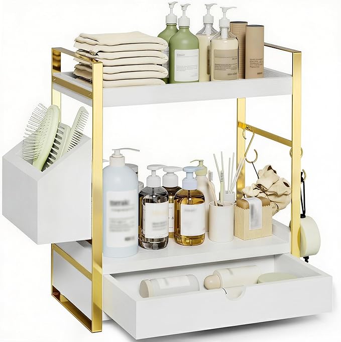 2-Tier Bathroom Counter Organizer with Drawer and Basket, White-gold