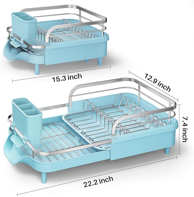 Dish Drying Rack, Expandable Dish Rack for Kitchen Counter, Blue