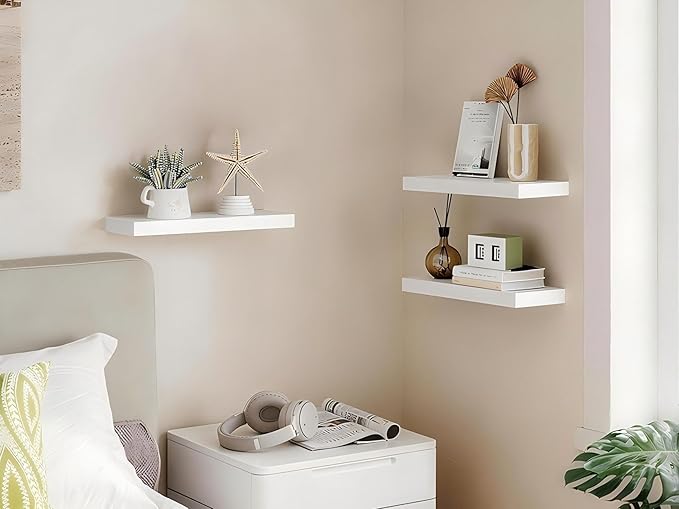 BAYKA White Floating Shelves for Wall, Set of 3, Rustic Wood Wall Shelves with Metal Brackets for Bathroom, Bedroom, Kitchen, or Living Room Decor Organization, Sturdy Storage with 22lb Capacity